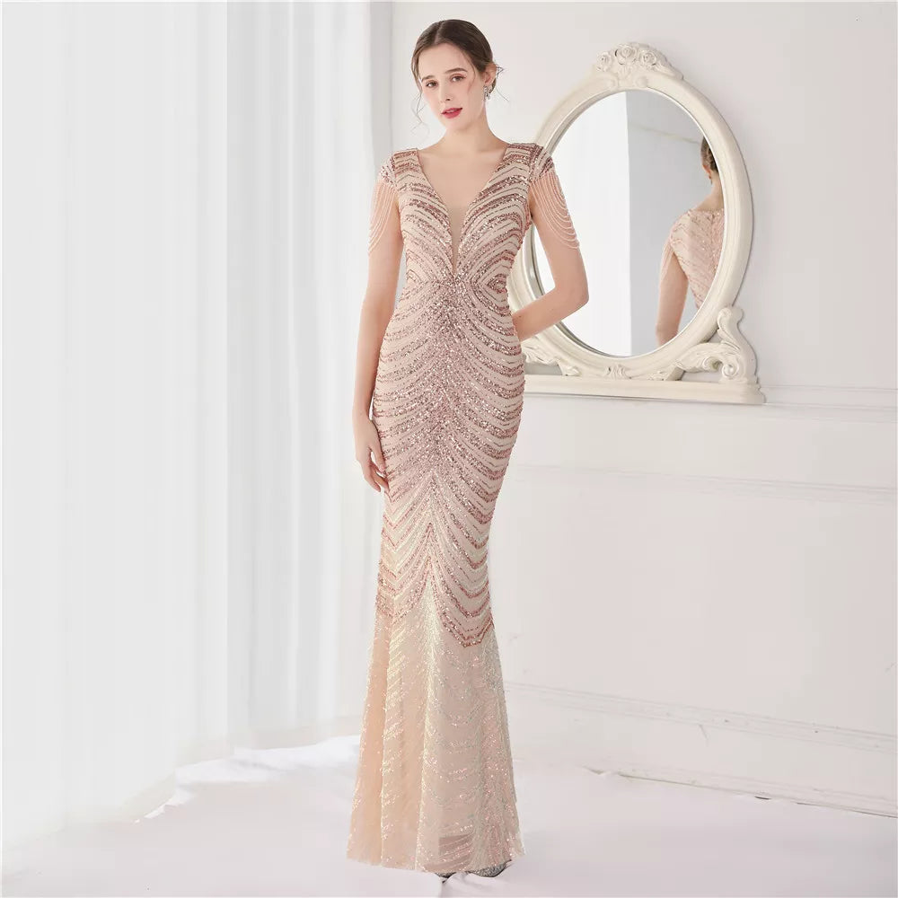 Women's Sequined Mermaid Evening Dress With Fringe Cap Sleeves - Lovez Aqua© - Champagne Gold / 2