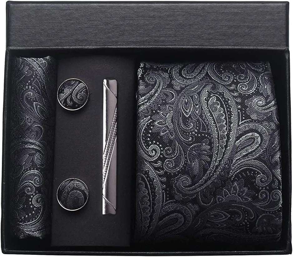 Men's Luxury Silk Paisley Floral Necktie, Pocket Square, Clip & Cufflinks Set - Lovez Aqua© - BE2
