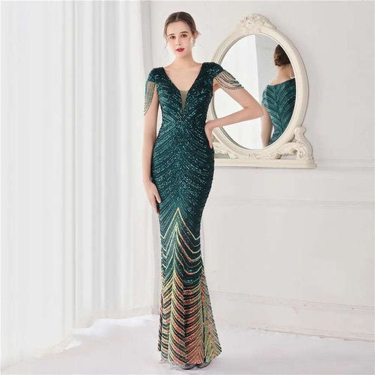 Women's Sequined Mermaid Evening Dress With Fringe Cap Sleeves - Lovez Aqua© - Emerald Green / 2