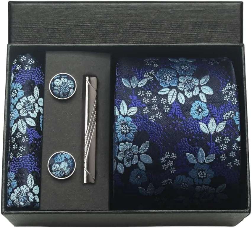 Men's Luxury Silk Paisley Floral Necktie, Pocket Square, Clip & Cufflinks Set - Lovez Aqua© - BM2