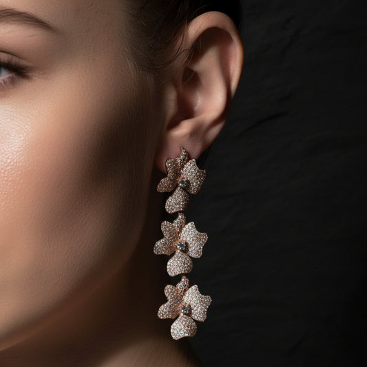 925 Sterling Silver & Cubic Zirconia Rose Gold Triple Flower Women's Drop Earrings