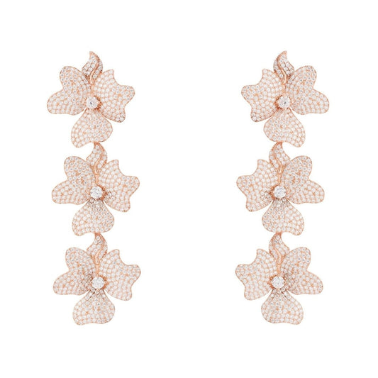 Luxury Rose Gold Triple Flower Cubic Zirconia & 925 Sterling Silver Women's Drop Earrings