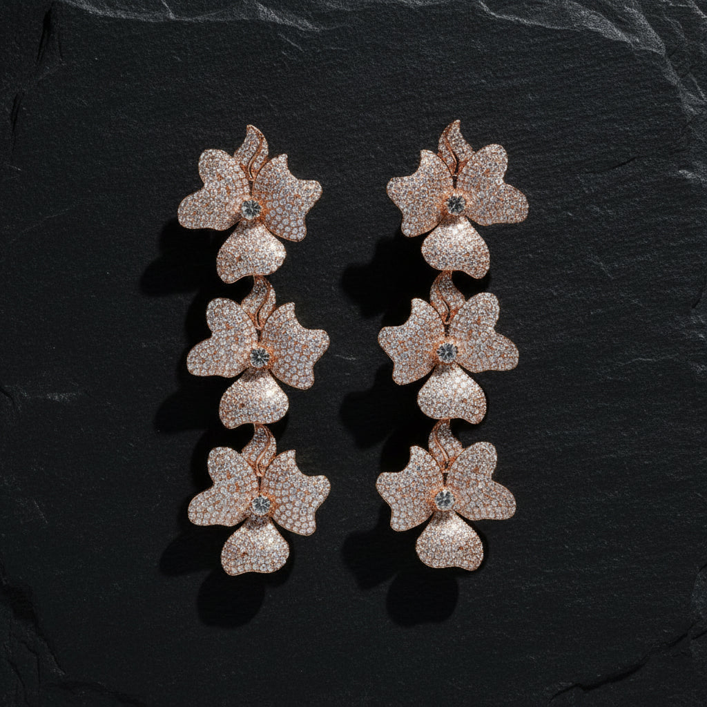 925 Sterling Silver & Cubic Zirconia Rose Gold Triple Flower Women's Drop Earrings