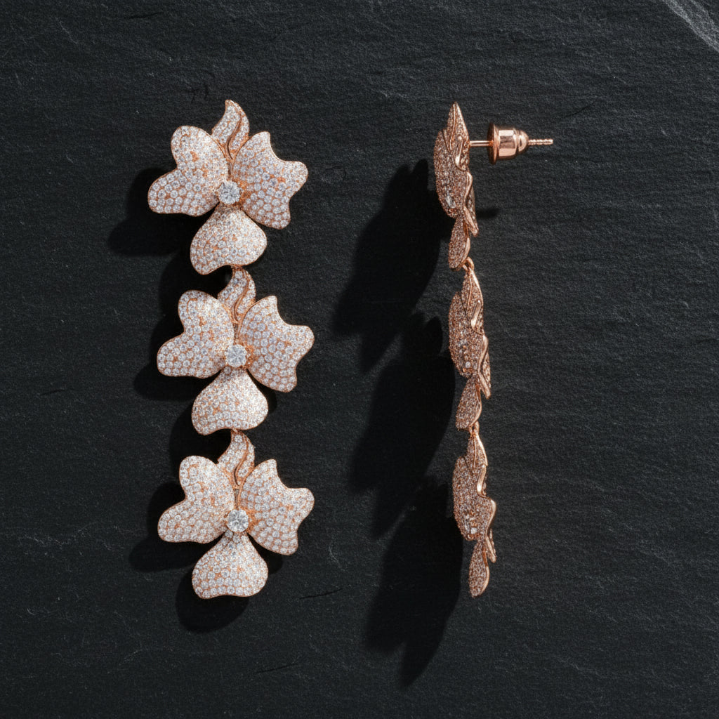 925 Sterling Silver & Cubic Zirconia Rose Gold Triple Flower Women's Drop Earrings