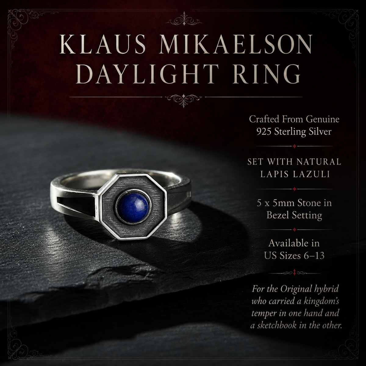 Klaus Mikaelson The Vampire Diaries Lapis Lazuli & Sterling Silver Daylight Ring