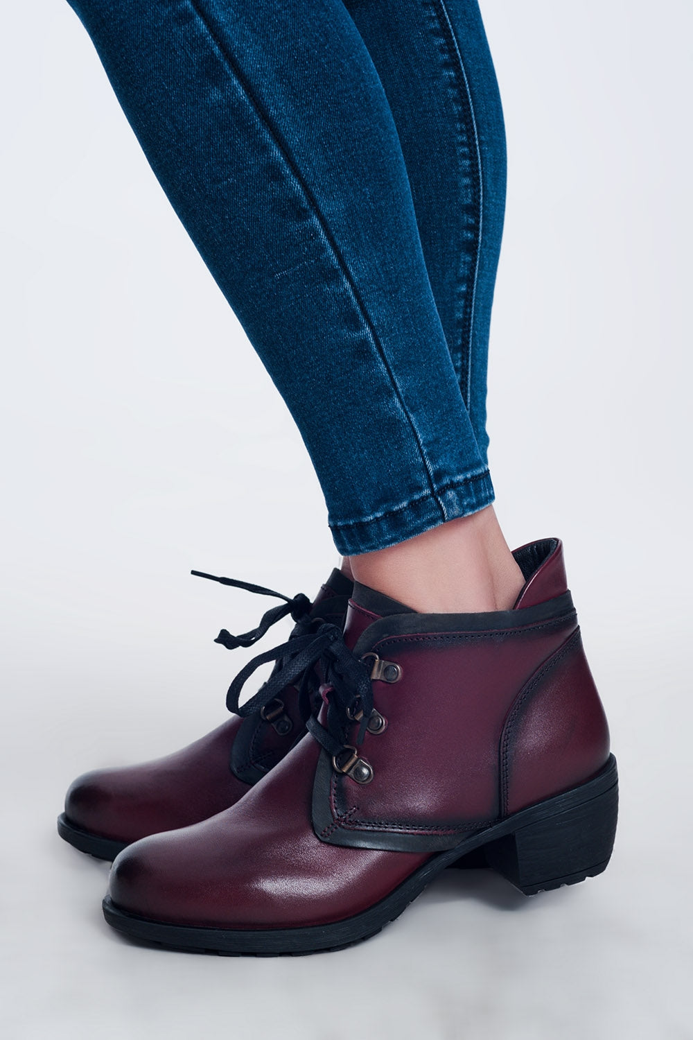 Rustic Genuine Leather Maroon Women's Chunky Heel Lace Up Boots