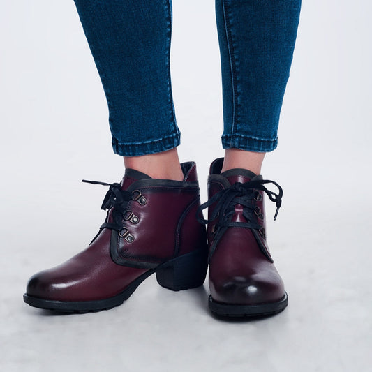 Rustic Genuine Leather Maroon Women's Chunky Heel Lace Up Boots