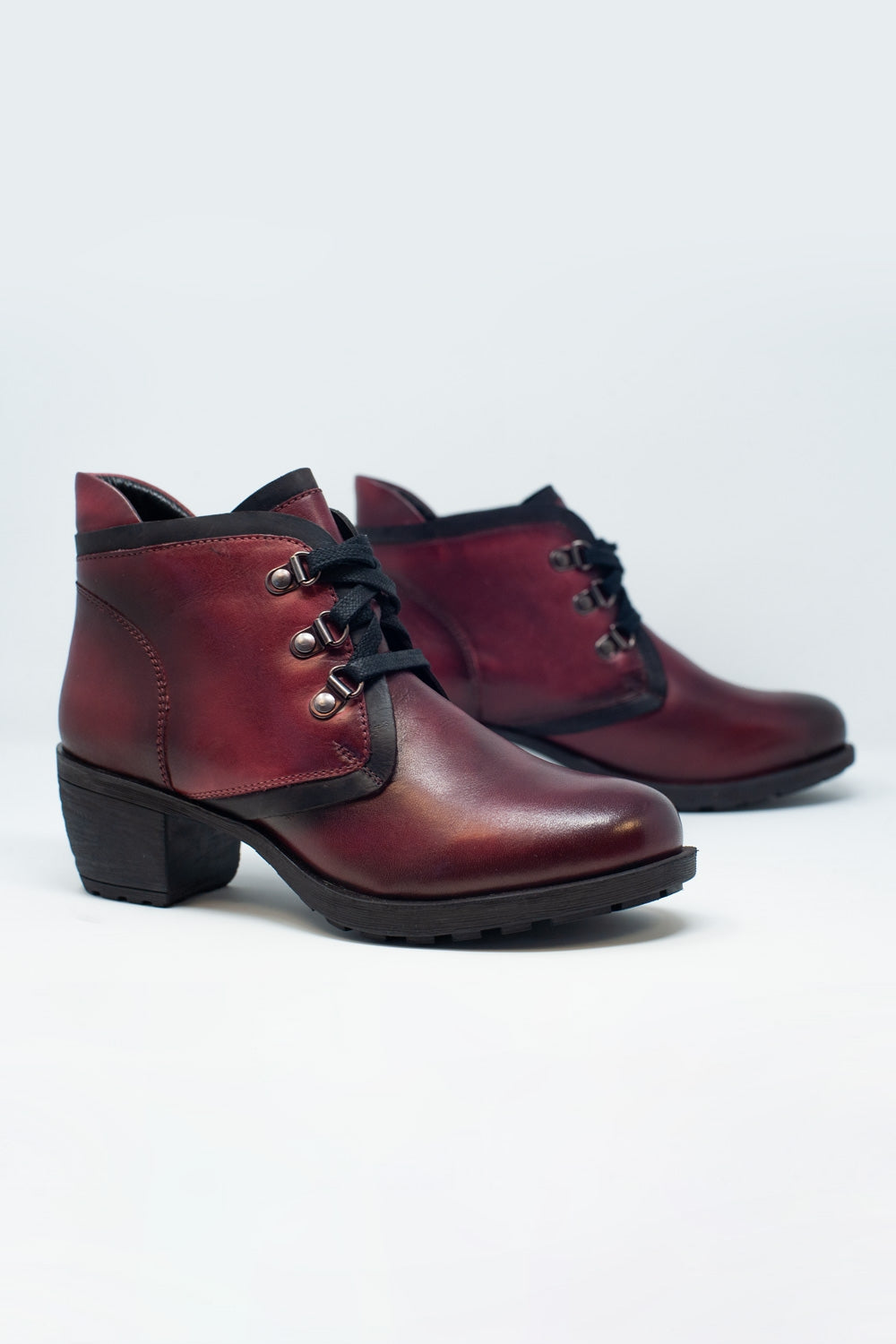Rustic Genuine Leather Maroon Women's Chunky Heel Lace Up Boots