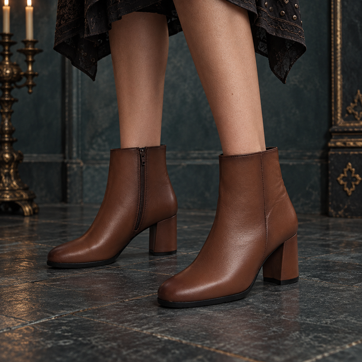 Women’s Genuine Leather Ankle Boots | Mid Block Heel & Zip