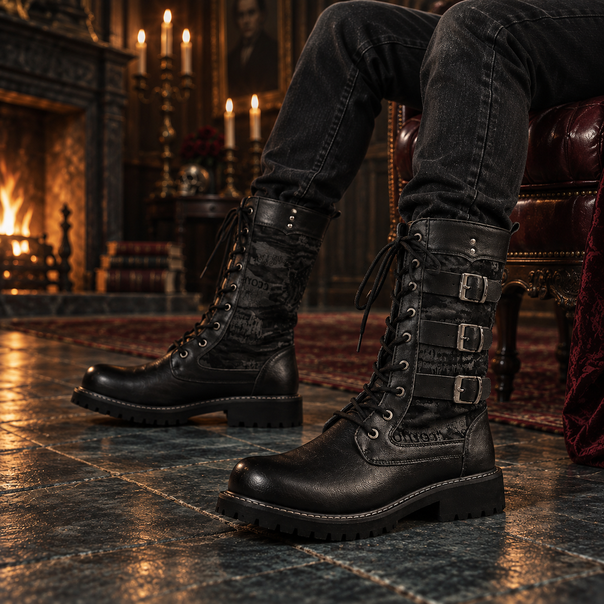 Men's Black Triple-Buckle Lace-Up Combat Boots | Mid-Calf Lug Sole Boots