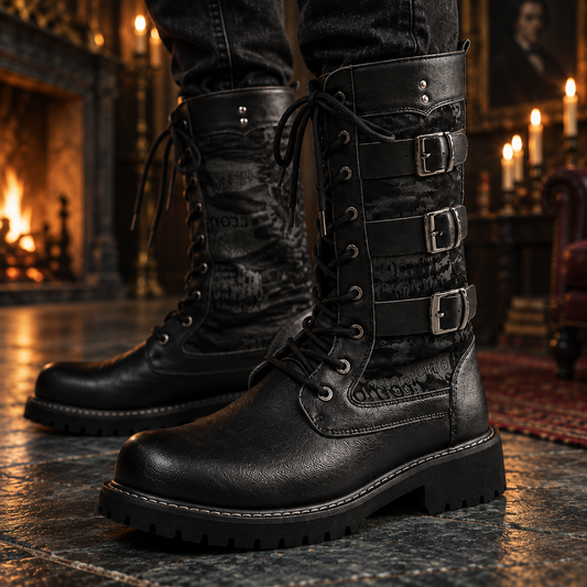 Men's Black Triple-Buckle Lace-Up Combat Boots | Mid-Calf Lug Sole Boots