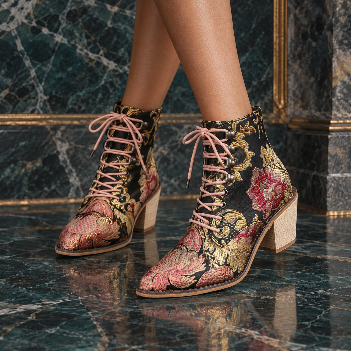 Women's Floral Embroidered Lace-Up Mid Block Ankle Boots