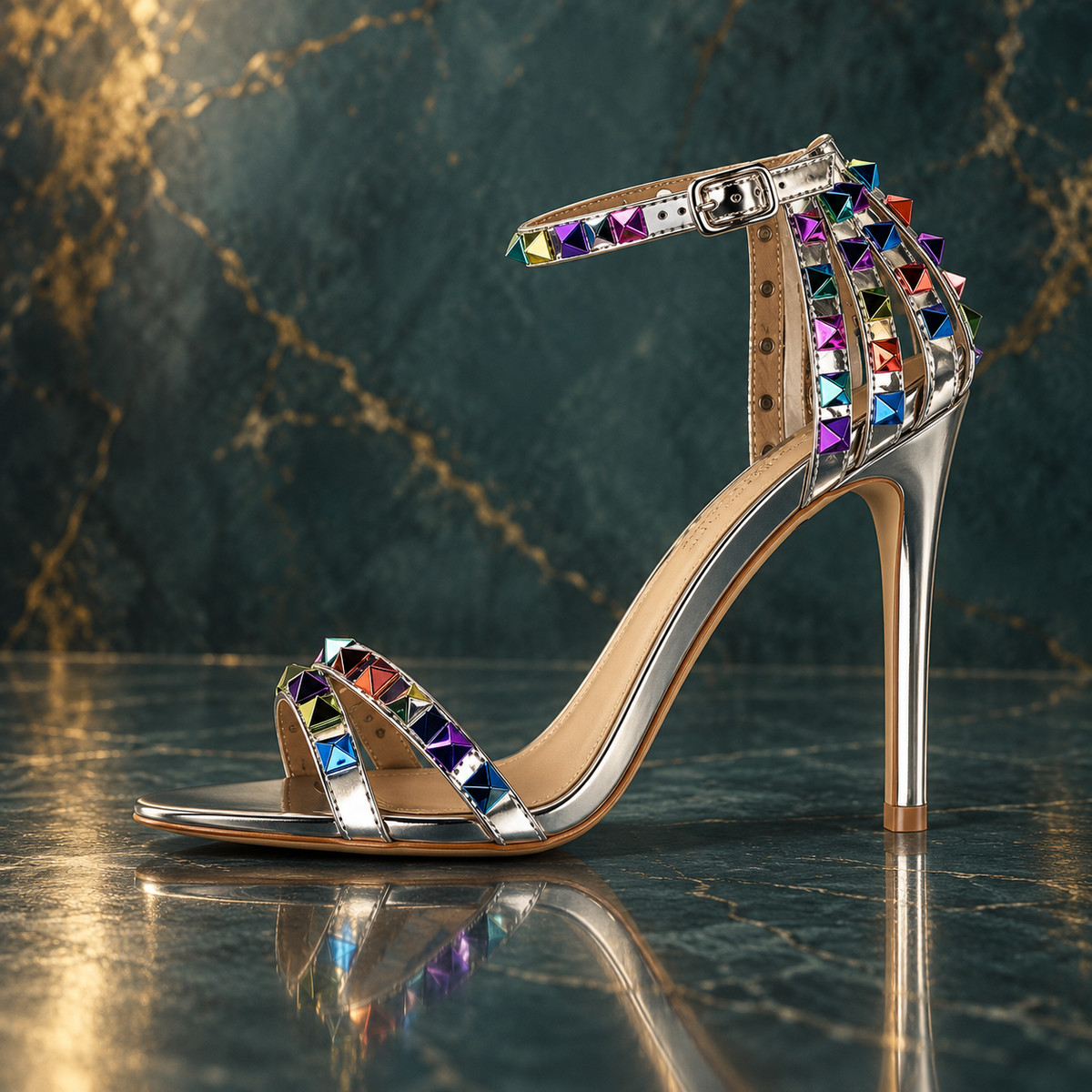 Women's Roman Style Hollow Cut Out Heeled Sandals with Colored Rivets