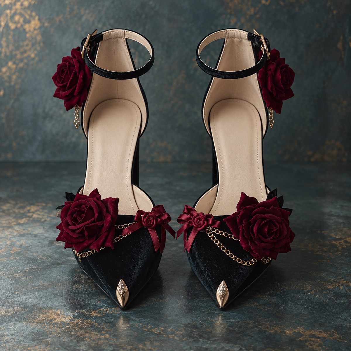 Gothic Red Rose & Gold Chain Women's Lolita Leather Heeled Pumps