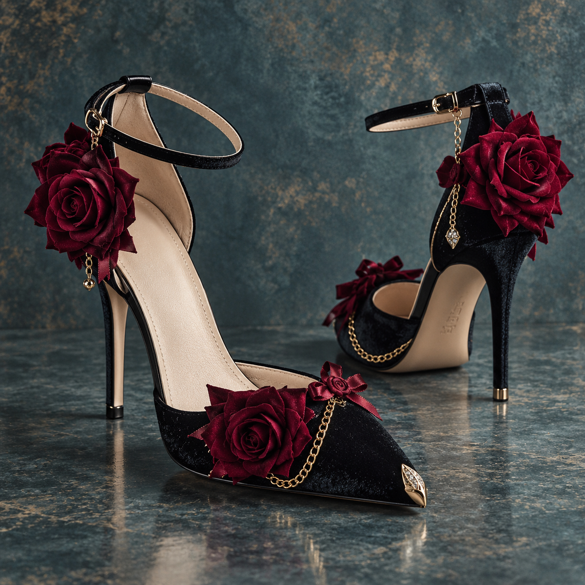 Gothic Red Rose & Gold Chain Women's Lolita Leather Heeled Pumps