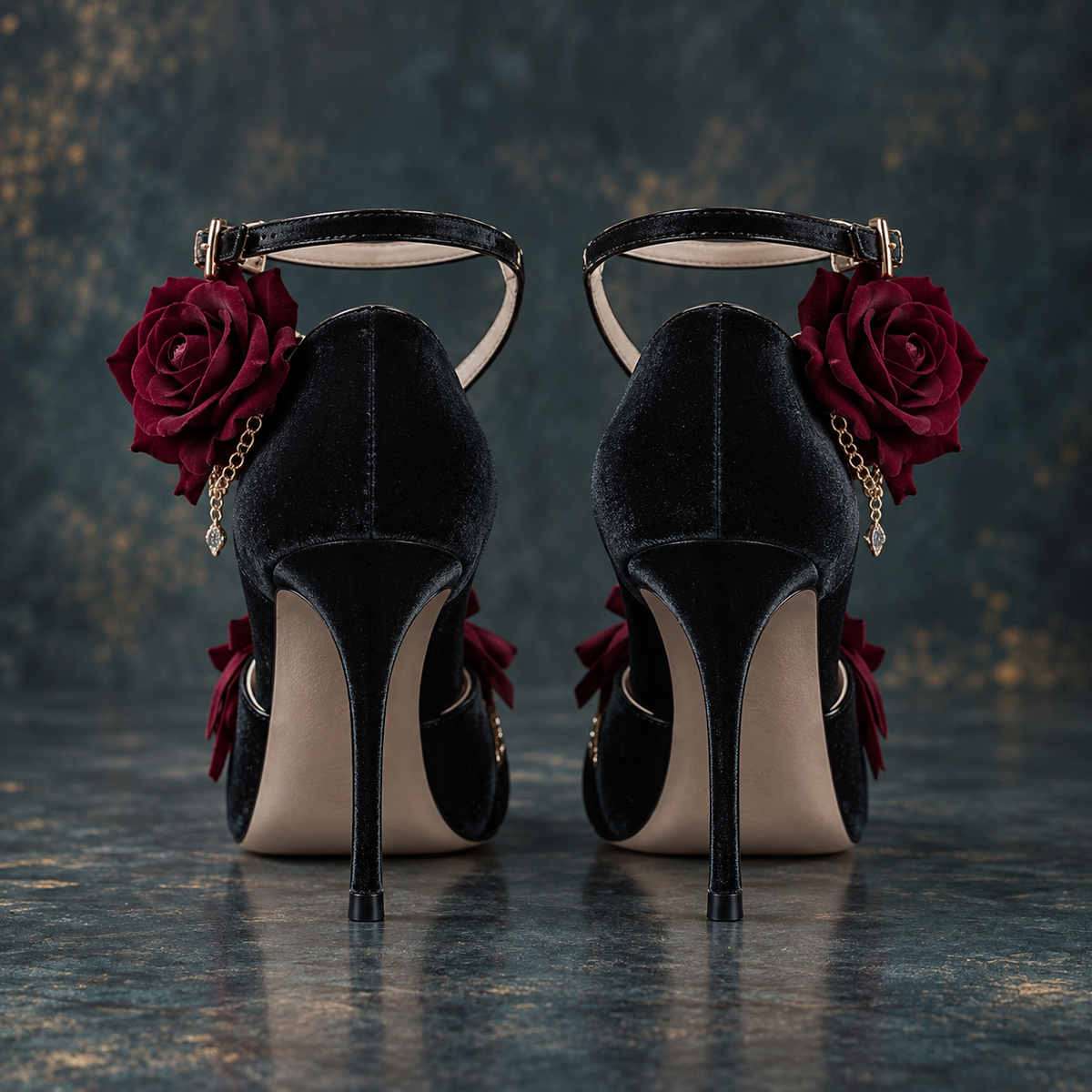 Gothic Red Rose & Gold Chain Women's Lolita Leather Heeled Pumps