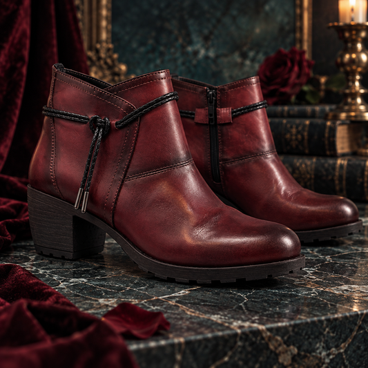 Women’s Genuine Leather Maroon Block Mid Heeled Ankle Boots with Round Toe