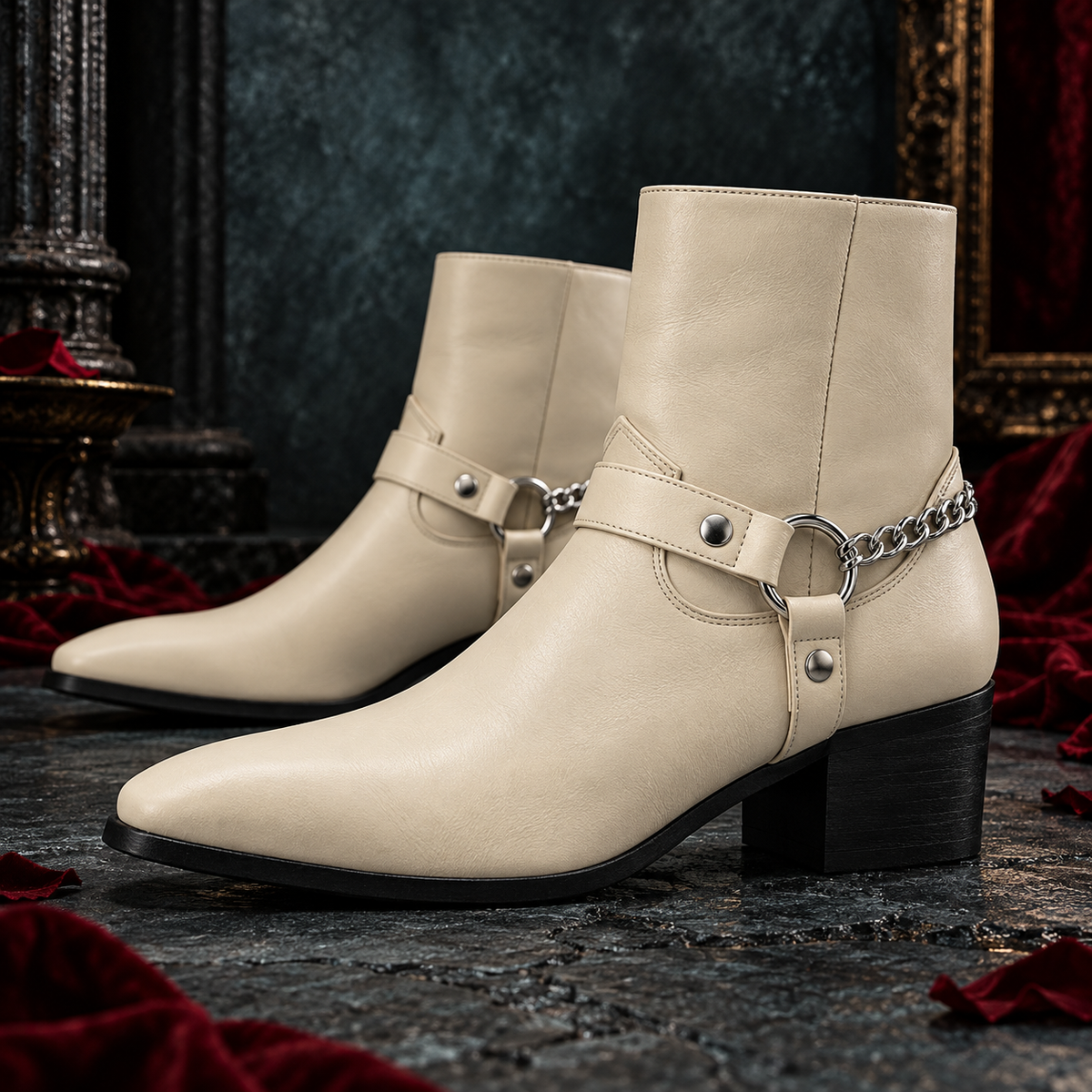 Men's Genuine Leather Chain Harness Ankle Boots | O-Ring Side-Zip Boots
