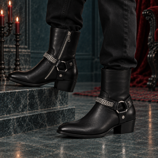 Men's Genuine Leather Chain Harness Ankle Boots | O-Ring Side-Zip Boots