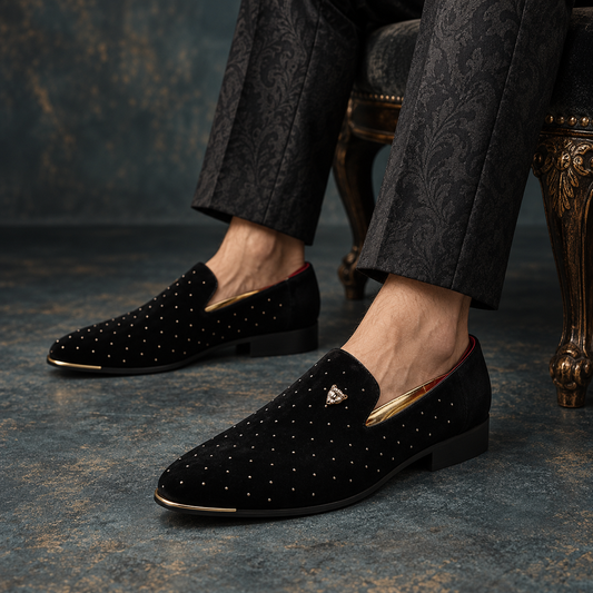 Men’s Faux Suede Studded Loafers | Gold Cheetah Emblem