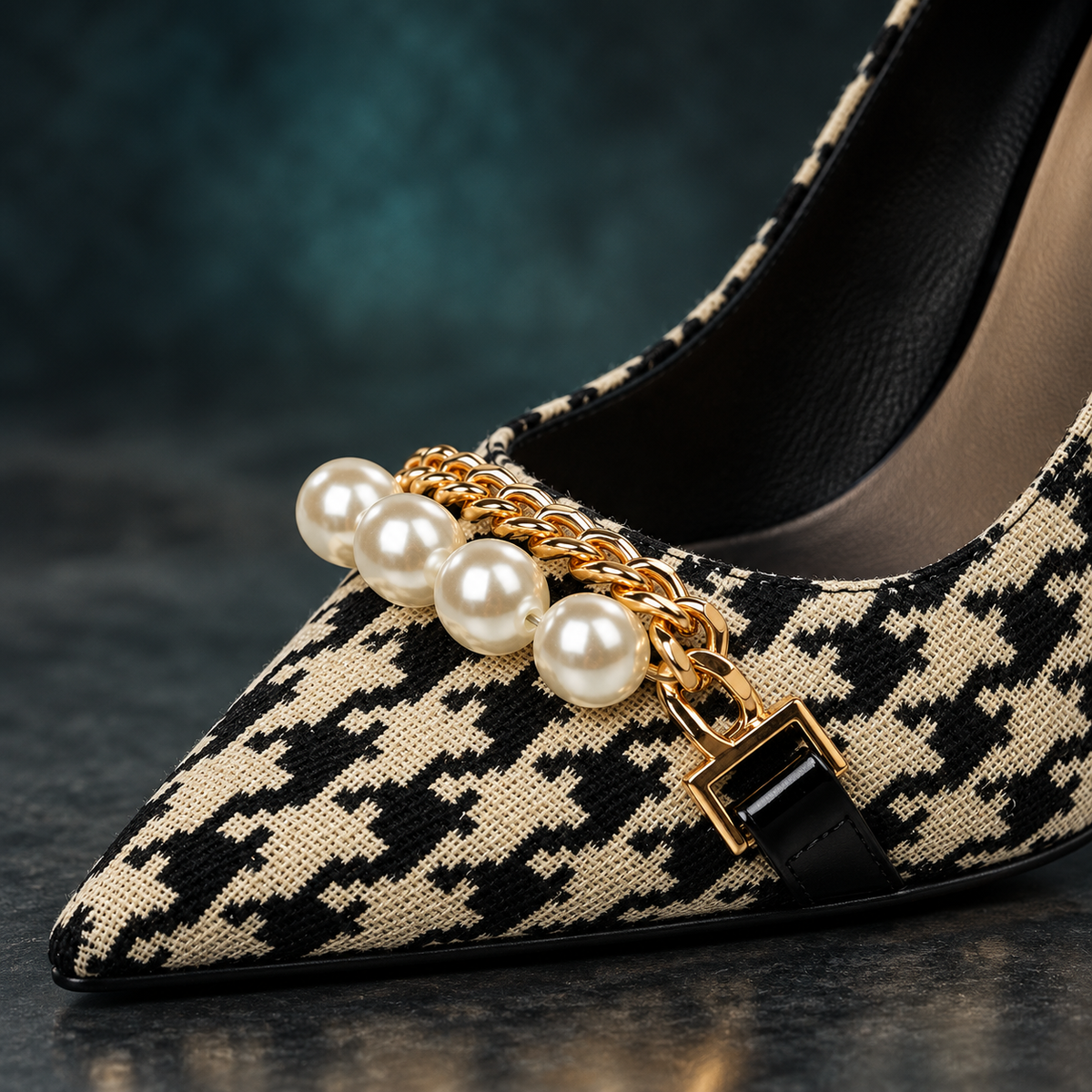 Vintage Plaid Checkered Women's Stiletto High Heels with Pearl & Chain Detail