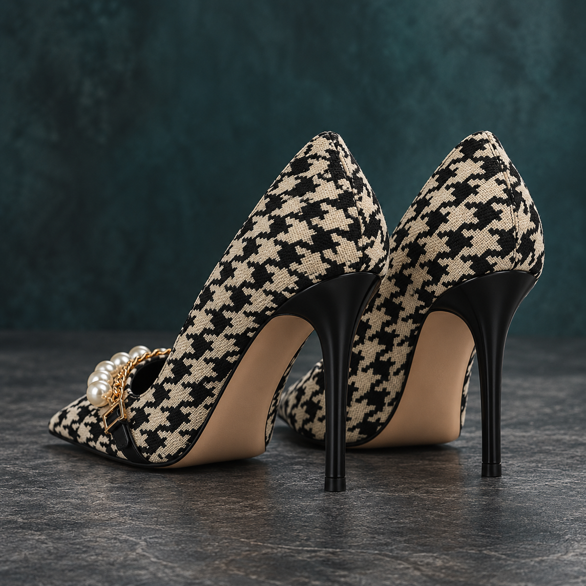 Vintage Plaid Checkered Women's Stiletto High Heels with Pearl & Chain Detail