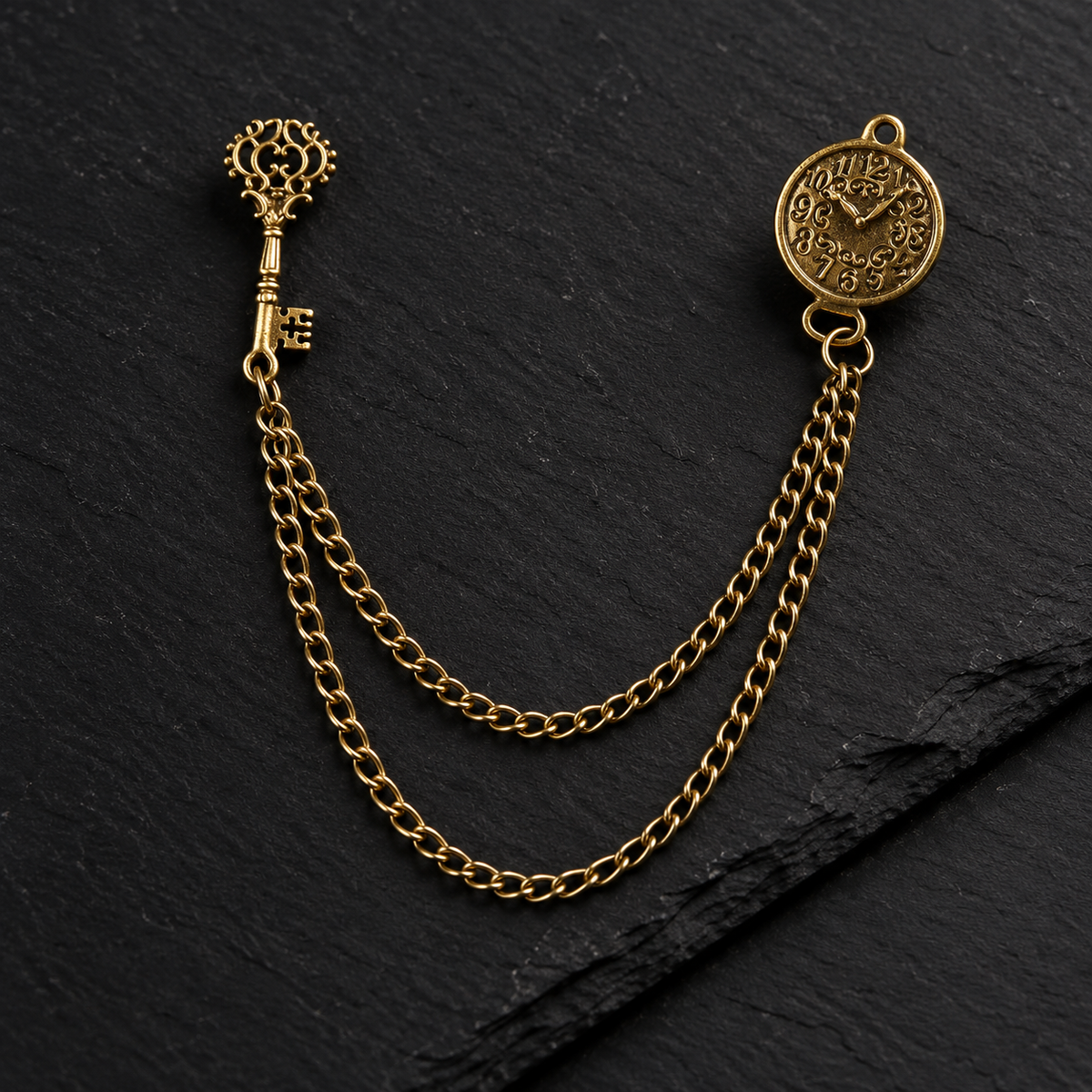 Men’s Vintage Pocket Watch & Antique Key Fob Chain Brooch Lapel Pin