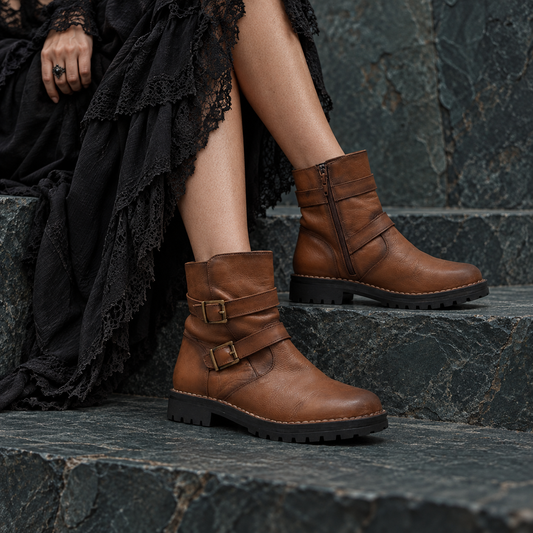 Women's Brown Genuine Leather Mid Calf Gold Buckled Boots