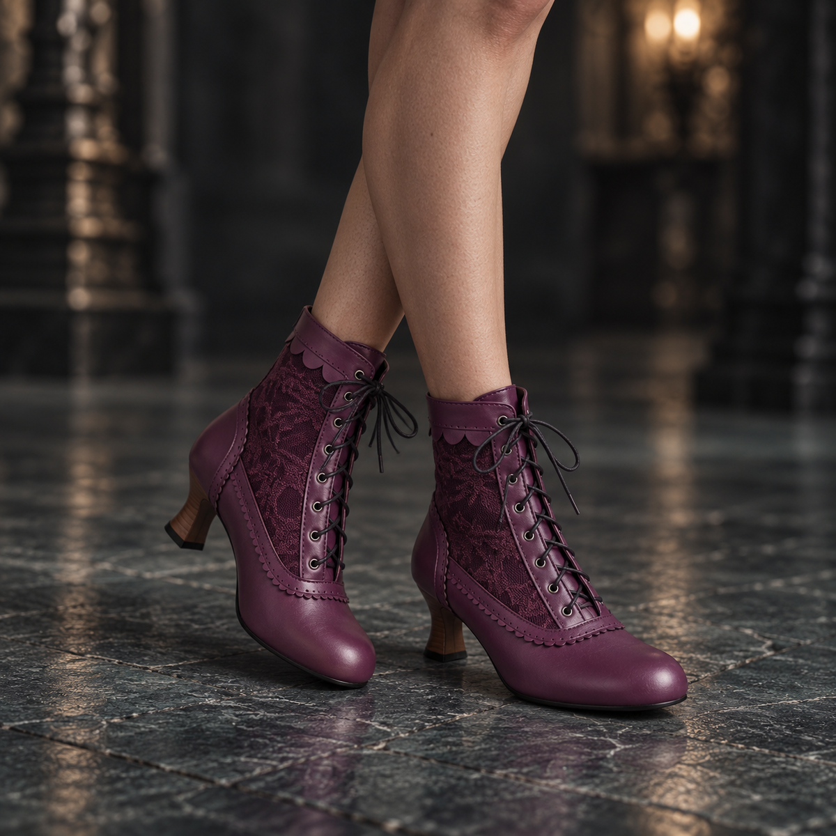 Women's Victorian Lace-Up Vintage Kitten Heel Ankle Boots with Scalloped Trim
