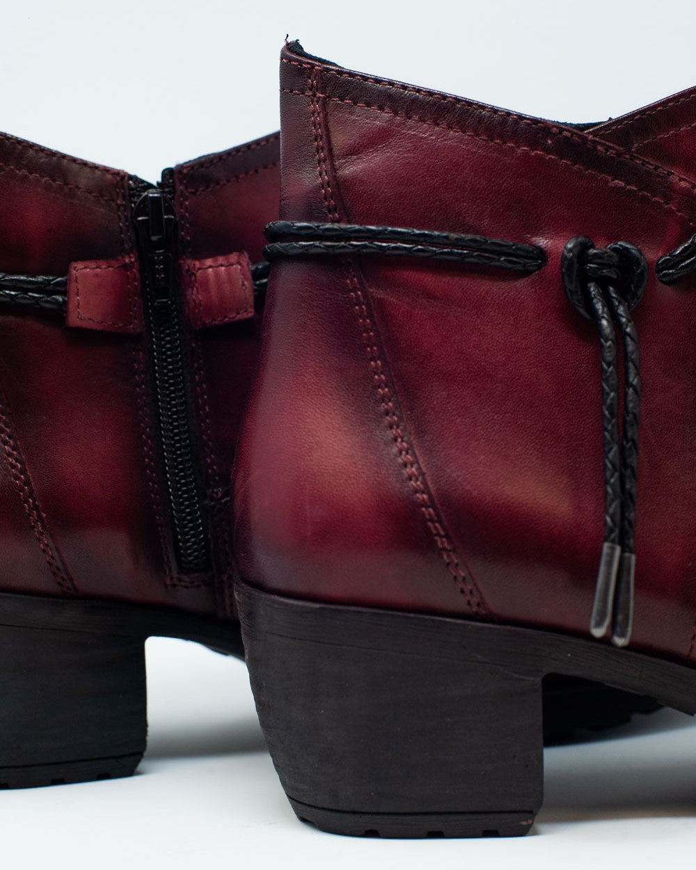 Women’s Genuine Leather Maroon Block Mid Heeled Ankle Boots with Round Toe