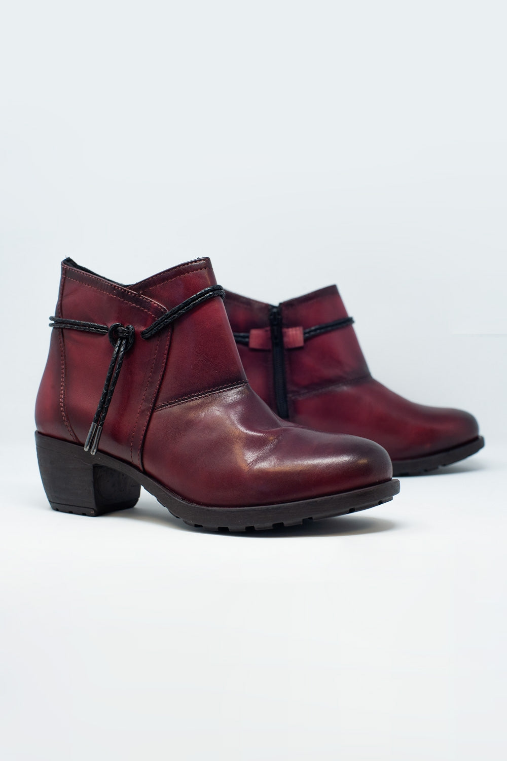 Women's Maroon Blocked Mid Heeled Genuine Leather Ankle Boots with Round Toe