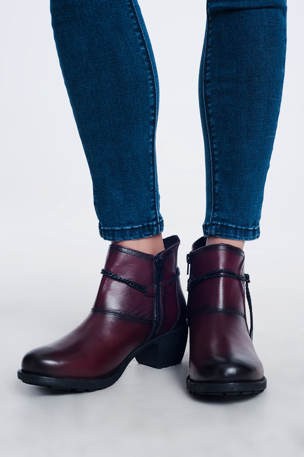 Women's Maroon Blocked Mid Heeled Genuine Leather Ankle Boots with Round Toe