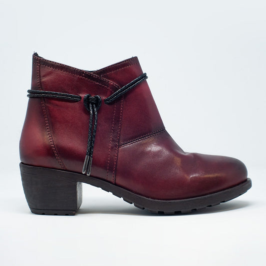 Women's Maroon Blocked Mid Heeled Genuine Leather Ankle Boots with Round Toe