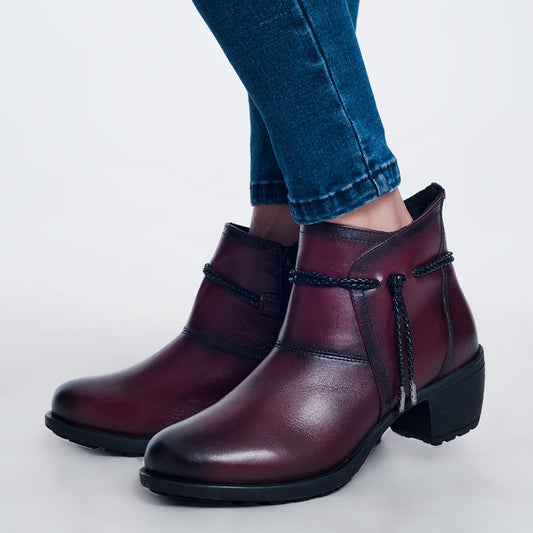 Women's Maroon Blocked Mid Heeled Genuine Leather Ankle Boots with Round Toe
