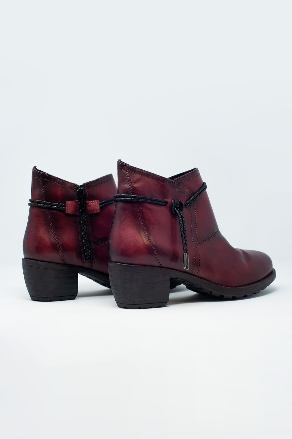 Women's Maroon Blocked Mid Heeled Genuine Leather Ankle Boots with Round Toe