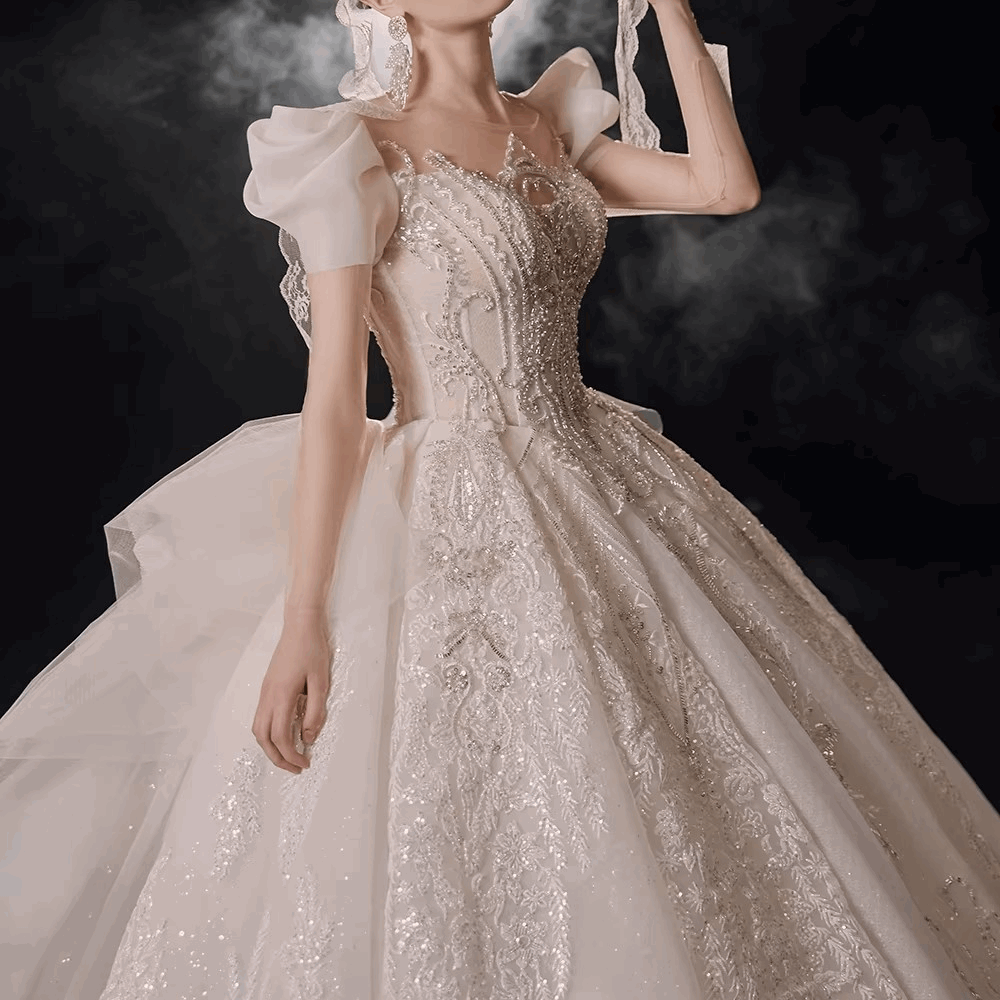 Champagne Silk Embroidered Princess Wedding Gown with Cap Sleeves & Chapel Train - Lovez Aqua© -