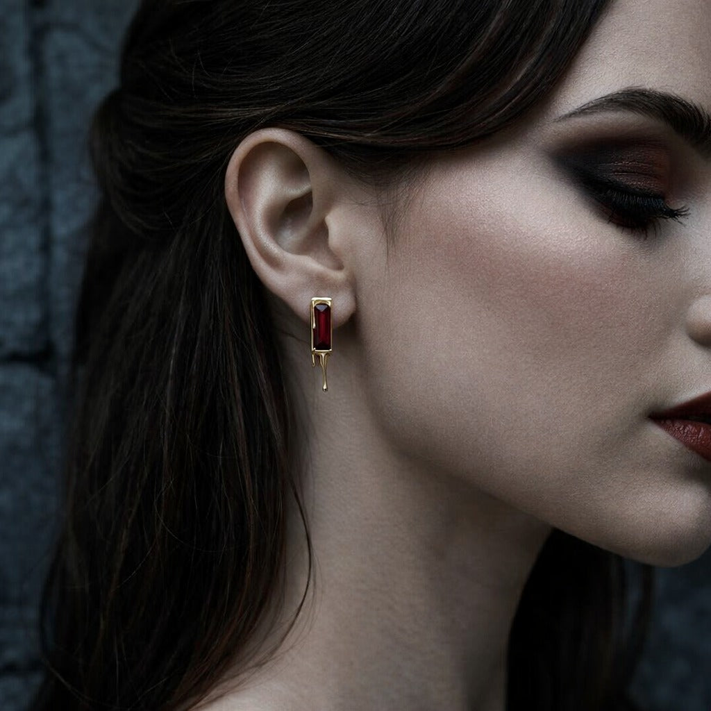 925 Sterling Silver Lava Red Cubic Zirconia Dripping Liquid Gold Stud Earrings
