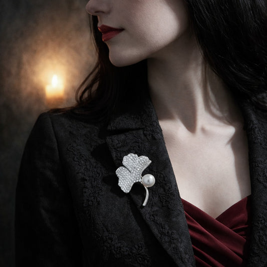 925 Sterling Silver Cubic Zirconia Ginkgo Leaf & Pearl Women's Brooch