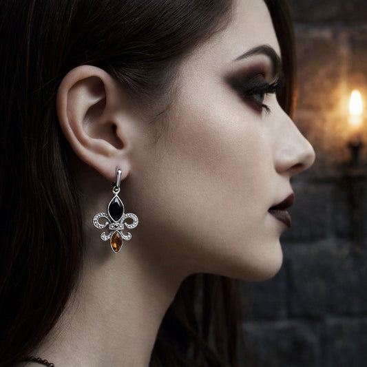 925 Sterling Silver Diamond Fleur De Lis Drop Earrings with Onyx & Citrine Gemstones