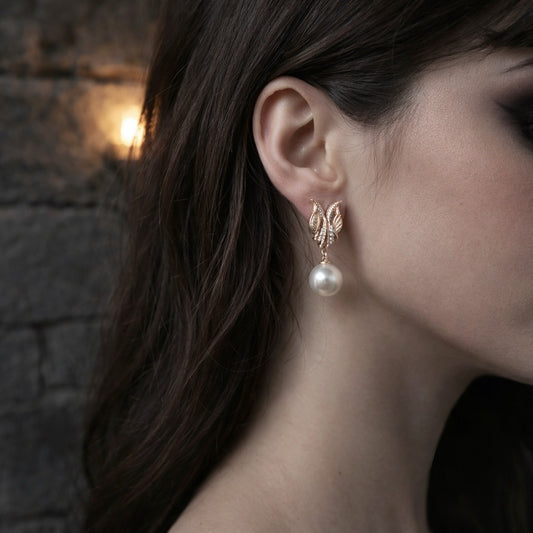 14K Rose Gold, Diamond & Round Pearl Floral Drop Stud Earrings