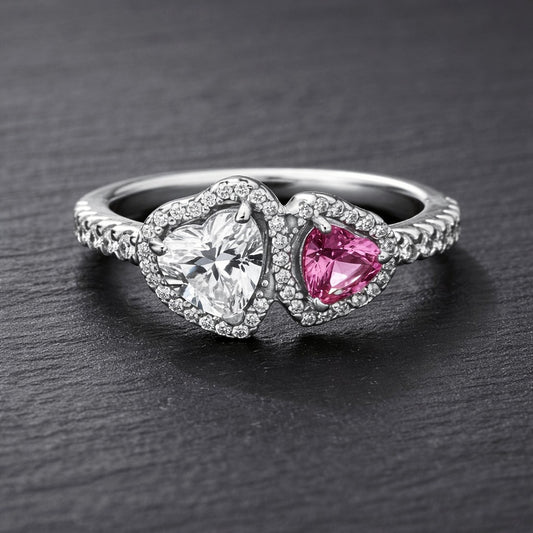 925 Sterling Silver Pandora Replica Halo Double Heart Zircon Ring