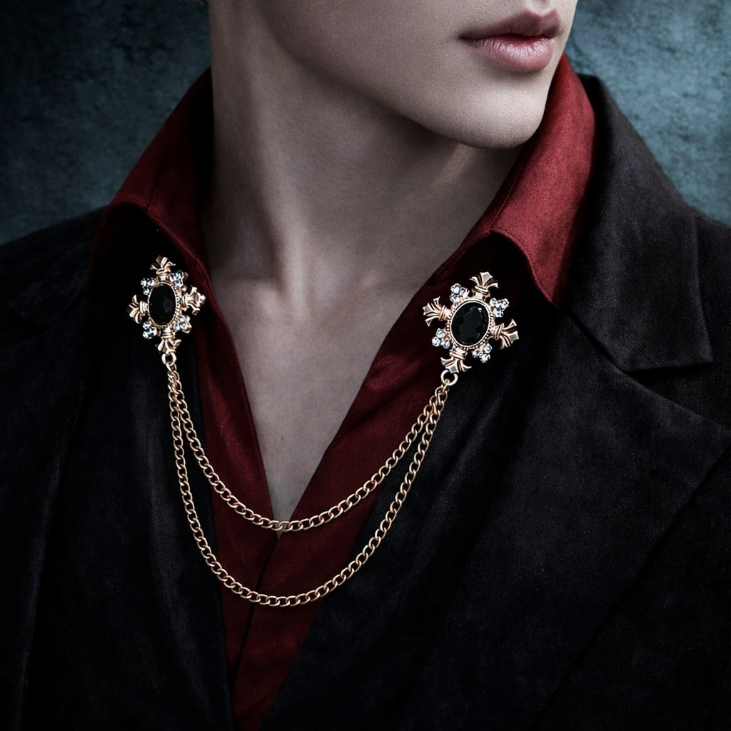 Men's Vintage Double Tassel Chain Crystal Baroque Style Brooch