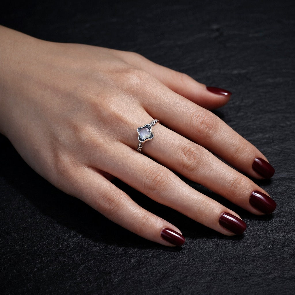 Women's 925 Sterling Silver Natural Moonstone Faceted Cut Gem Leopard Pattern Ring