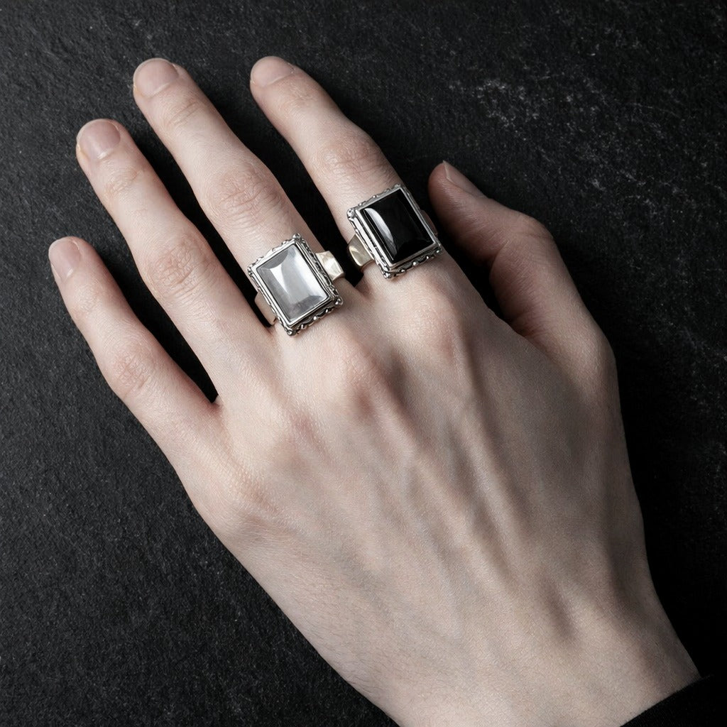 Lucifer Morningstar Sterling Silver Ring with Natural Black Onyx or Cat Eye Stone