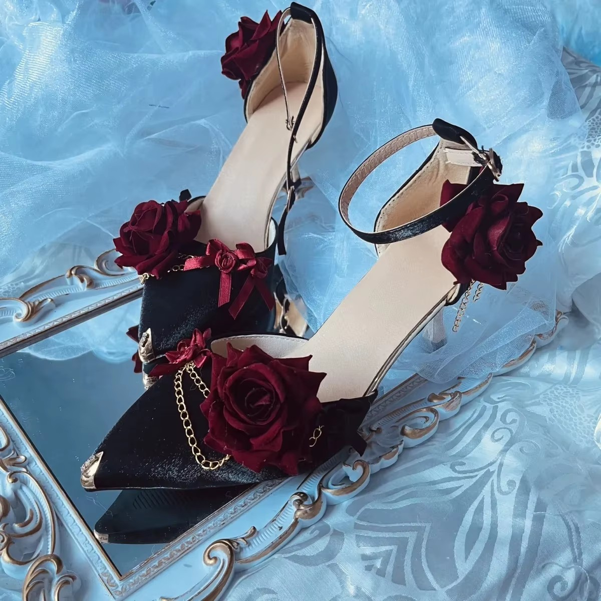 Elegant Gothic Red Rose & Gold Chain Women's Pointed Toe Leather Heeled Pumps