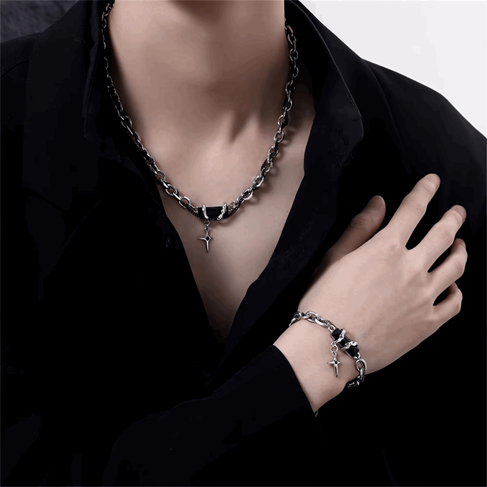 Men's Stainless Steel Gothic Retro Black Zircon Star Chain Bracelet - Lovez Aqua© -