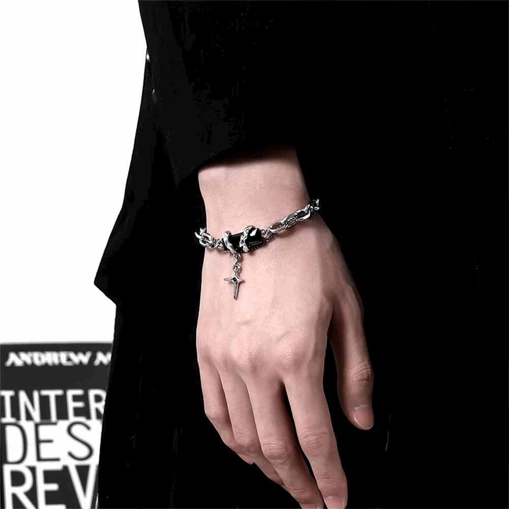 Men's Stainless Steel Gothic Retro Black Zircon Star Chain Bracelet - Lovez Aqua© -