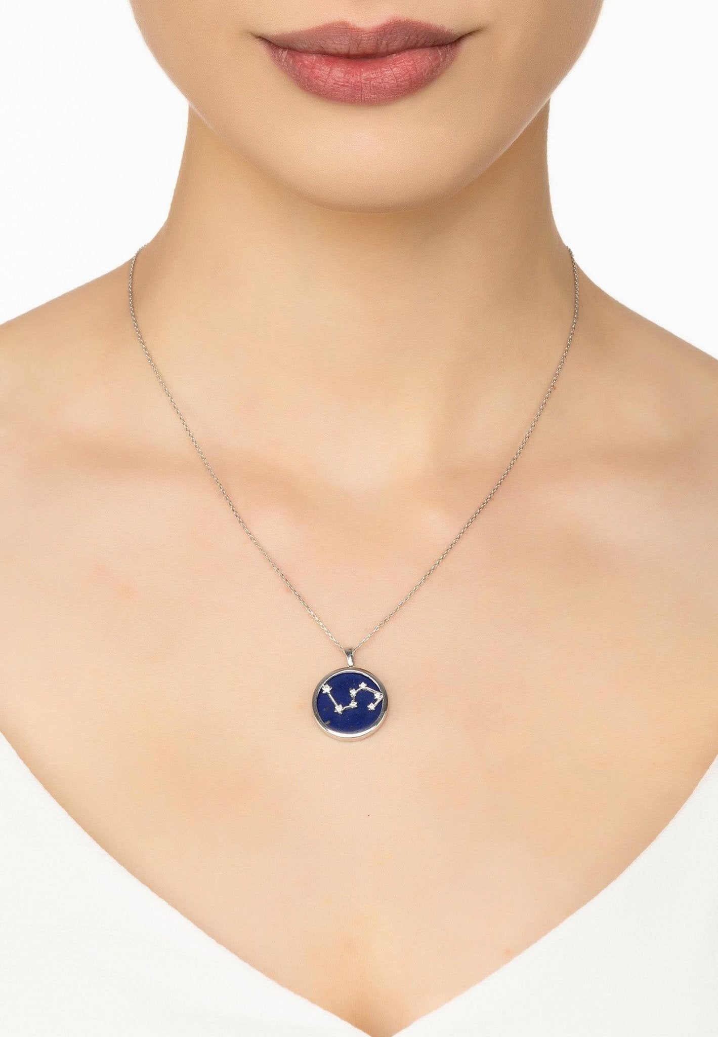 925 Sterling Silver Zodiac Leo Lapis Lazuli Star Constellation Pendant Necklace - Lovez Aqua© -
