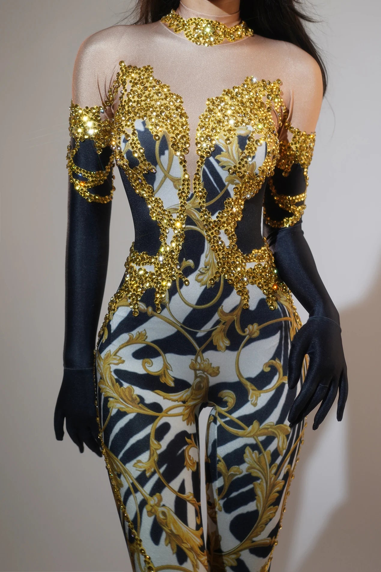 Women's Abstract Rhinestones Skinny Fit Black, White & Gold Jumpsuit - Lovez Aqua© - 