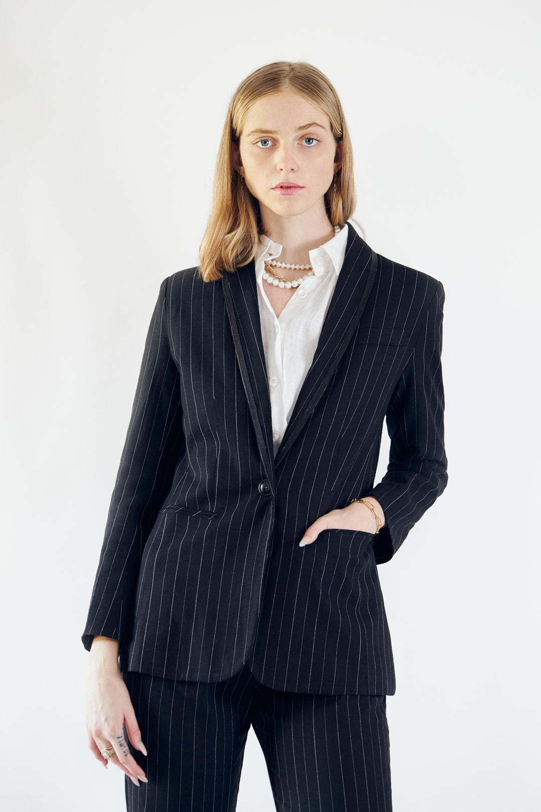 Sleek Women's Classic Black & White Striped Work Suit Jacket Blazer - Lovez Aqua© - 
